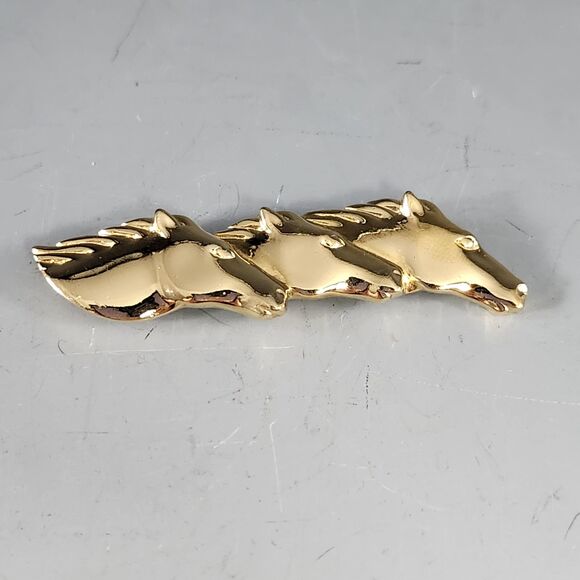 Crown Trifari Triple Horse Head Brooch Pin Equestrian Jewelry Vtg Costume Estate - Picture 1 of 9